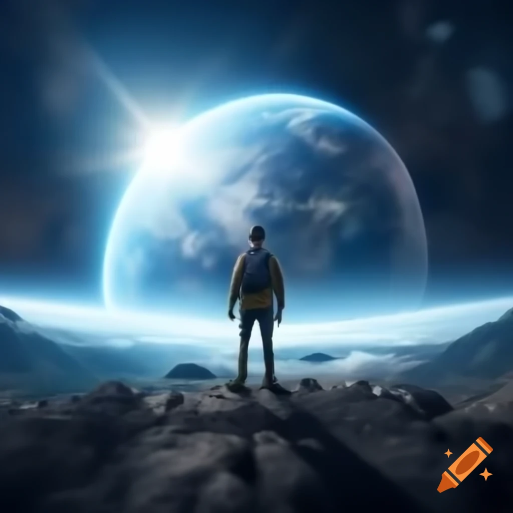 Lone digital traveler Peter enjoying stunning view on blue planet, cute style