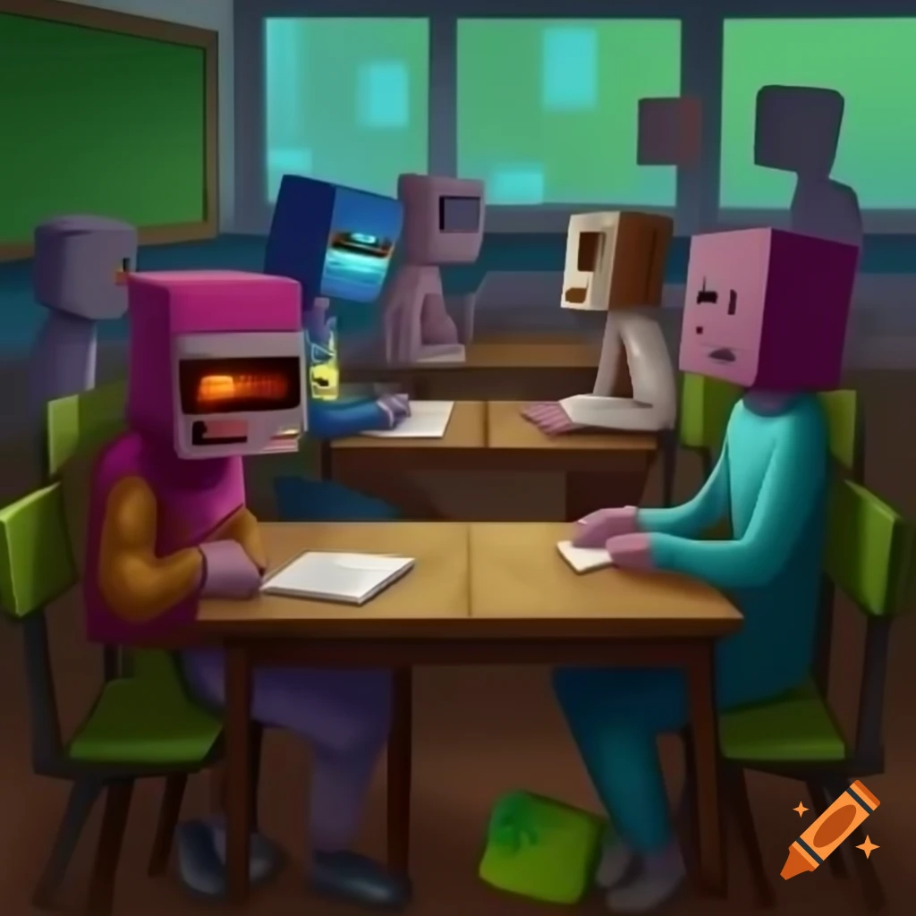Diverse group learning about AI in a classroom, Minecraft-inspired 4k style