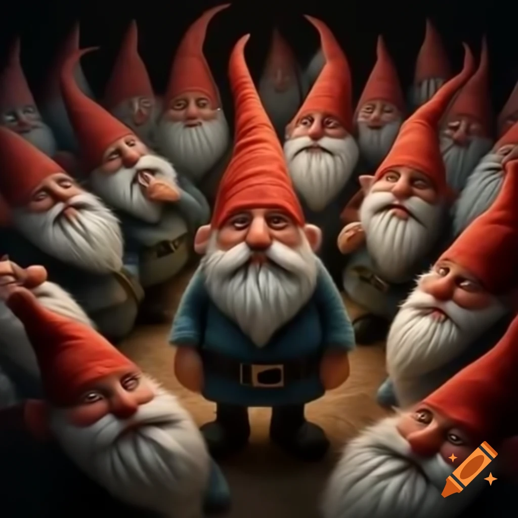 Group of gnomes in secretive gathering with swirling mustaches