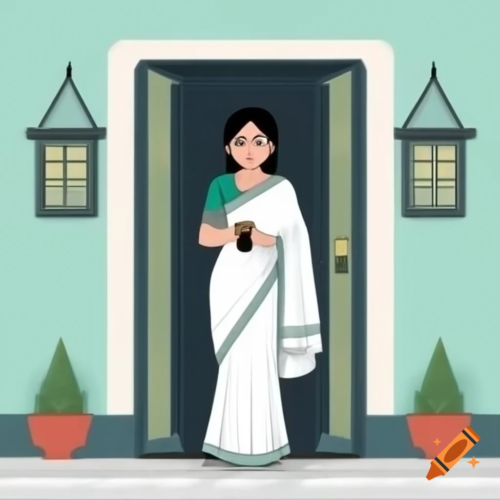 Woman in white saree holding cup of tea at house door