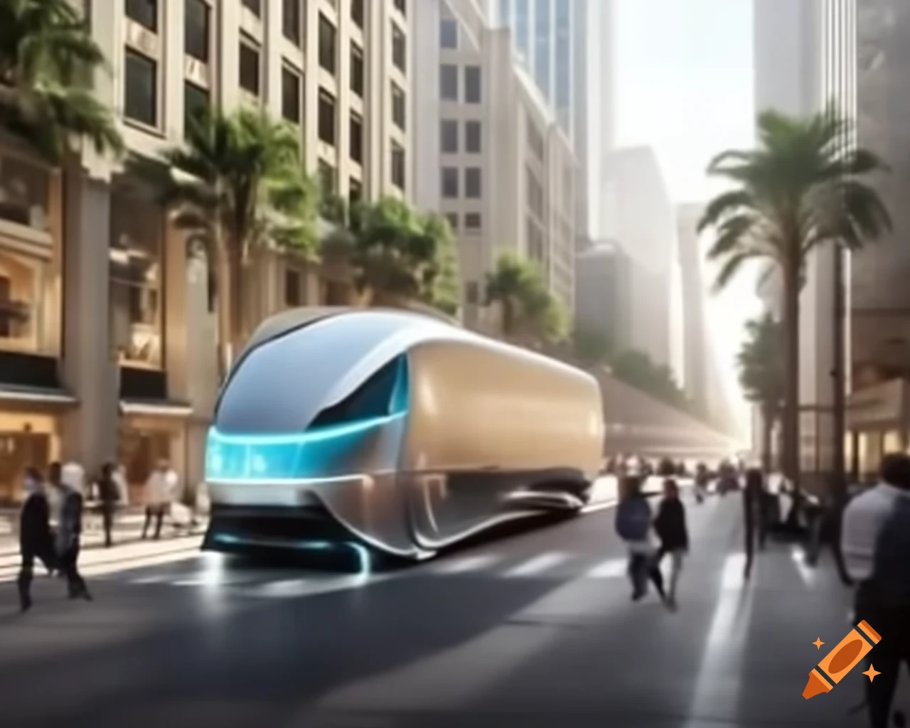 Futuristic truck with lush greenery in bustling city streets