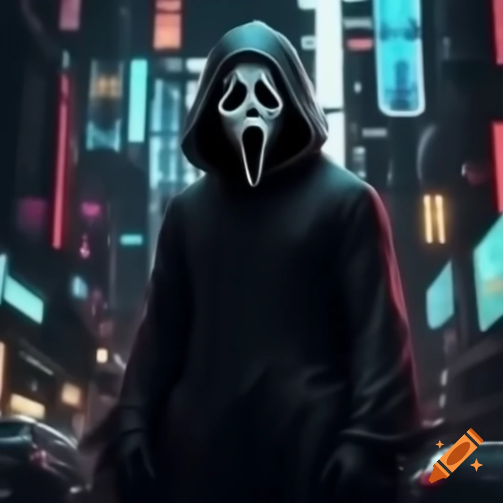 GhostFace character in a vibrant cyberpunk city setting