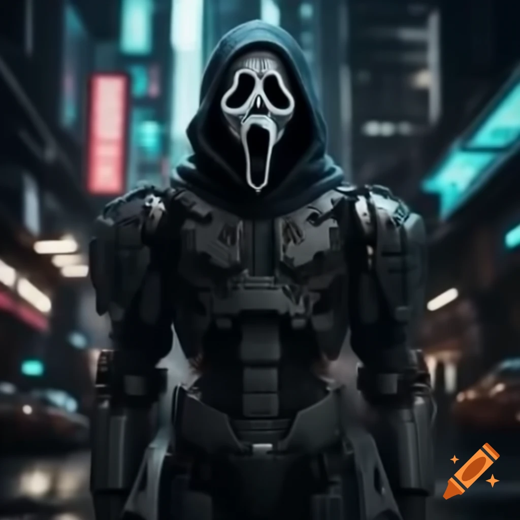 GhostFace robot armor in futuristic Cyberpunk city