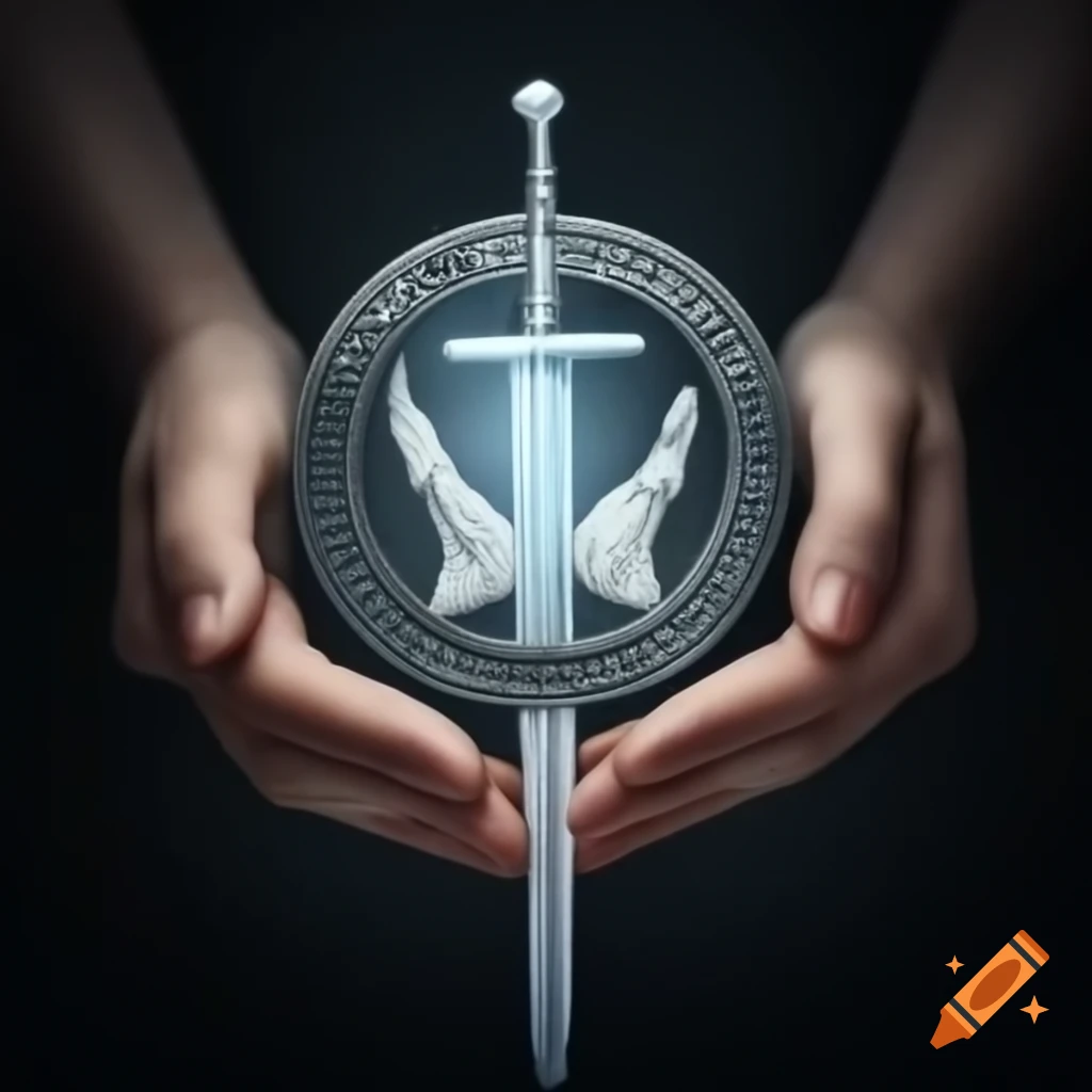 Circle interwoven with hands, one holding sword and the other holding shield symbolizing unity and hope