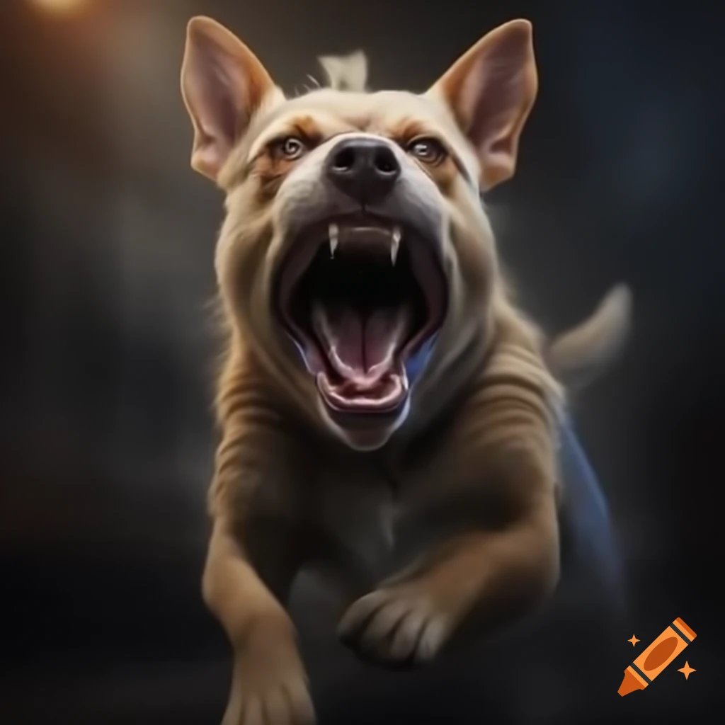 Photorealistic portrait of a man fleeing from an aggressive police dog in New York City