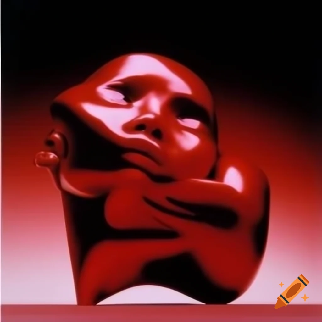 Pop surreal photography featuring iridescent red glass statue