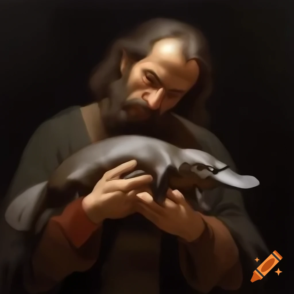 Man cradling a platypus in 1800s oil painting style