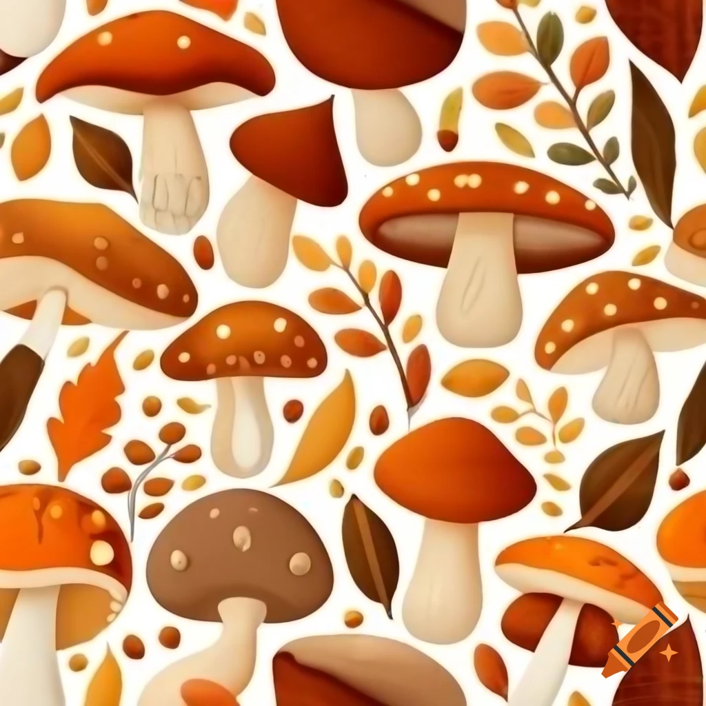 Autumn cottagecore pattern featuring mushrooms, nuts, leaves, and a cute squirrel