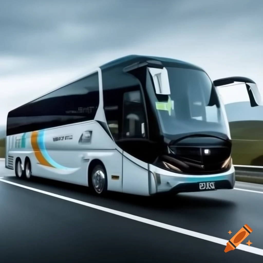Futuristic electric bus traveling on open highway