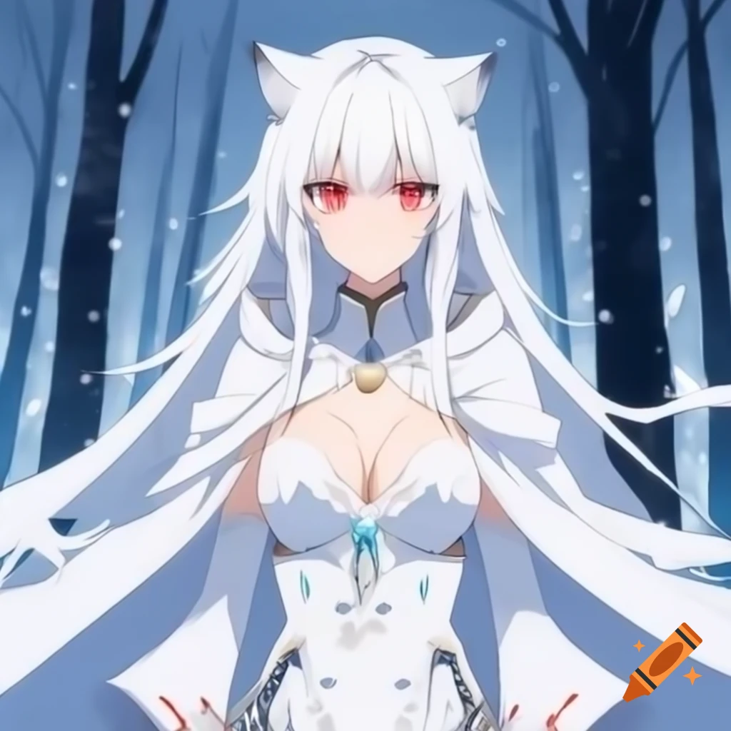 Anime woman with white hair and red eyes in snowy forest wearing enchantress robes