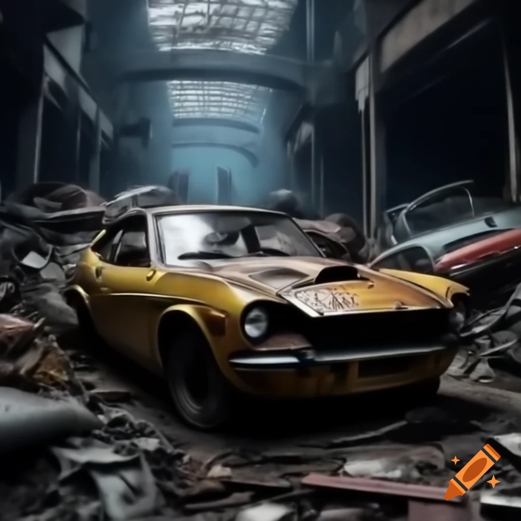 Ghosts swirling in dark night near rusty yellow Datsun in haunted junkyard