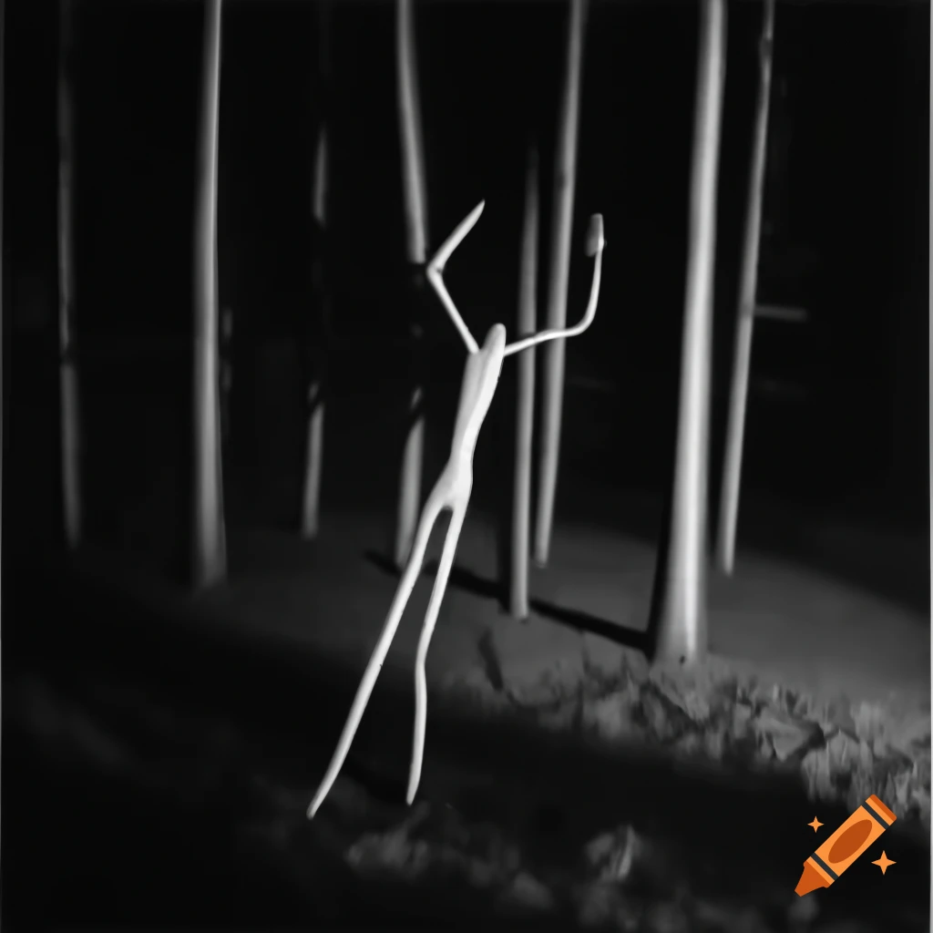 Slender figure crawling in dark forest, 80s style