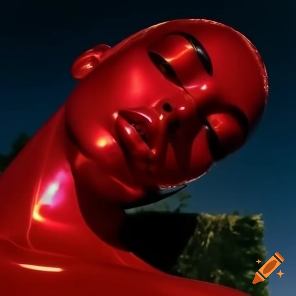 Iridescent red glass statue in pop surreal 2000's photography style