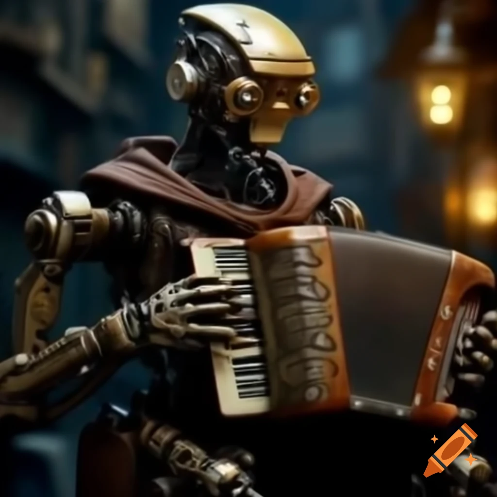 Steampunk robot playing accordion while traveling
