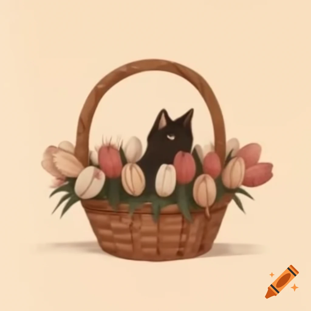 Cartoon-style tulip basket with tabby kitten inside