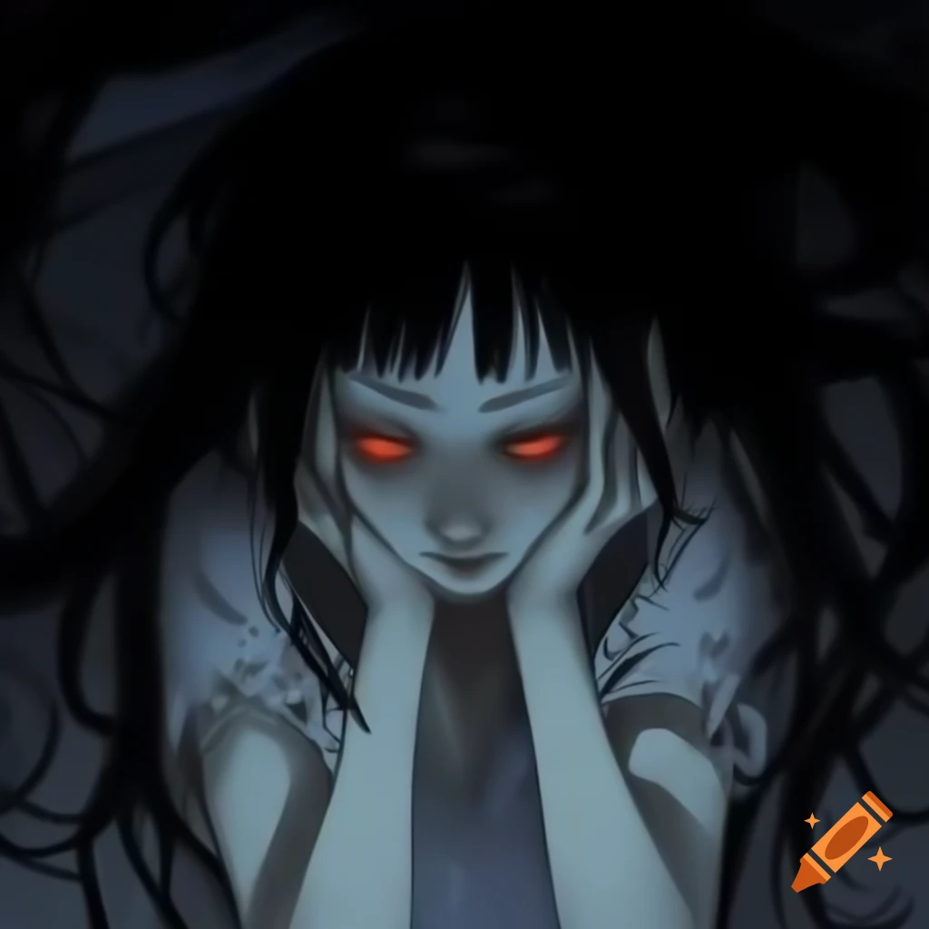 Anime character in anguish surrounded by twisted, nightmarish scenery