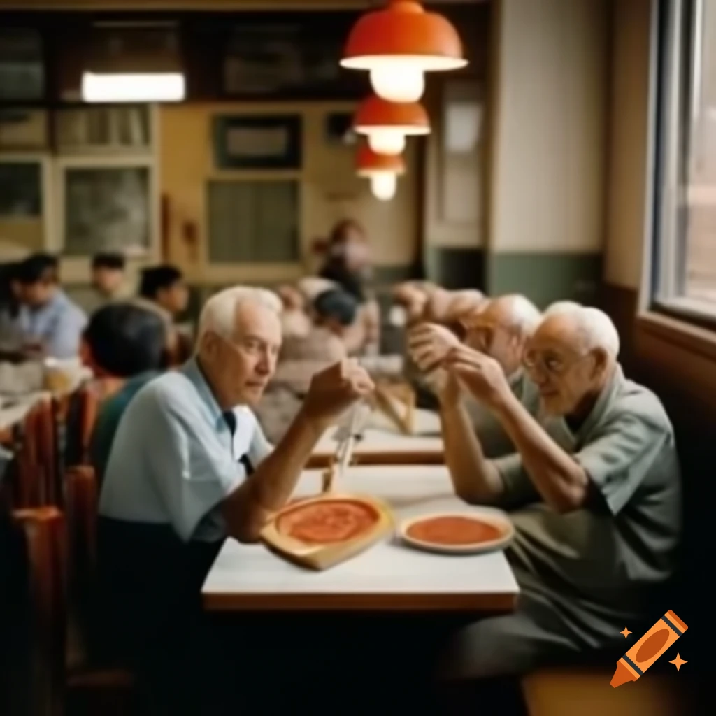 Elderly men enjoying pizza in a restaurant setting