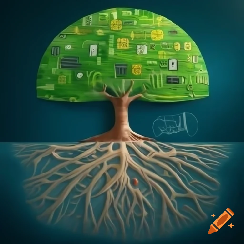 Step-by-step description for creating a graphic image of a tree with roots and trunk