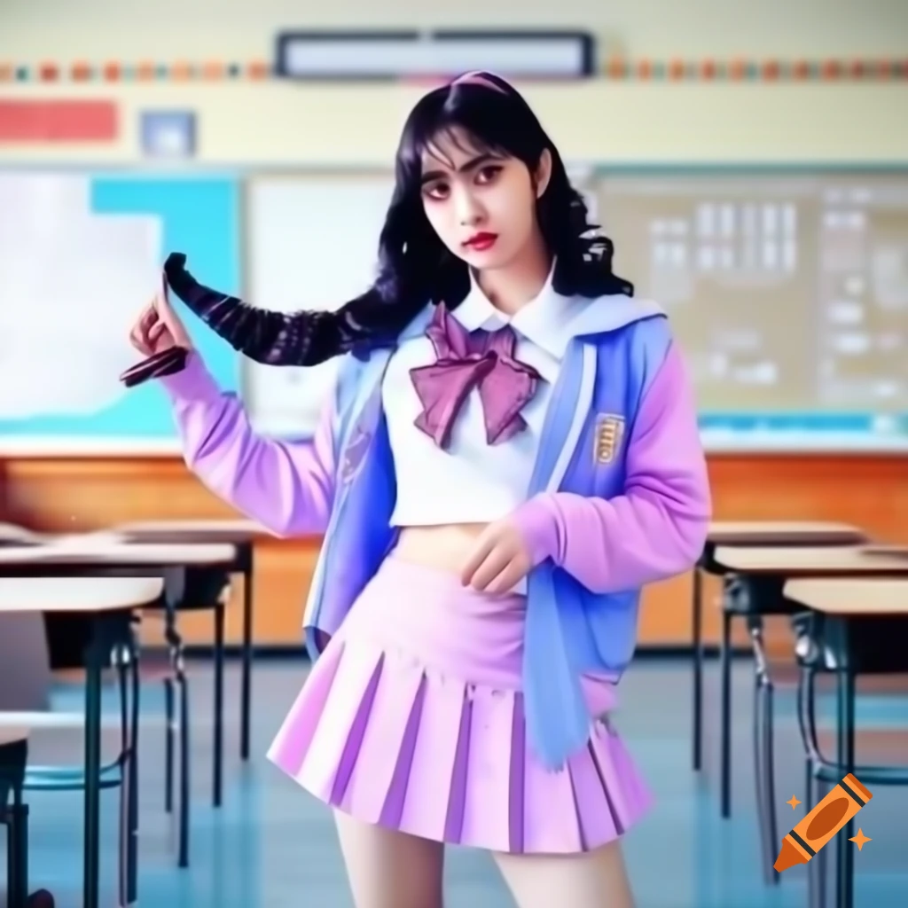 Anime character inspired by NewJeans in pastel Y2K clothing dancing in a classroom