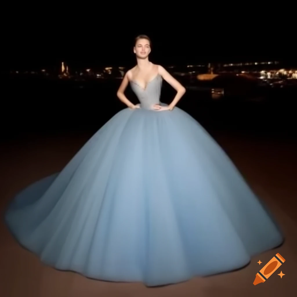 Elegant evening ball gown in front view, colored photo