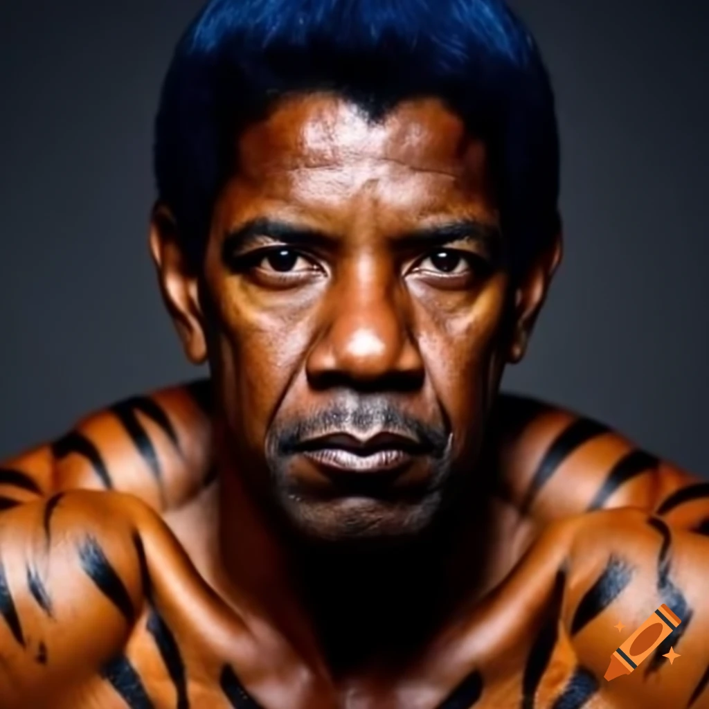 Muscular figure with tiger-style makeup and blue hair, featuring orange skin and black stripes