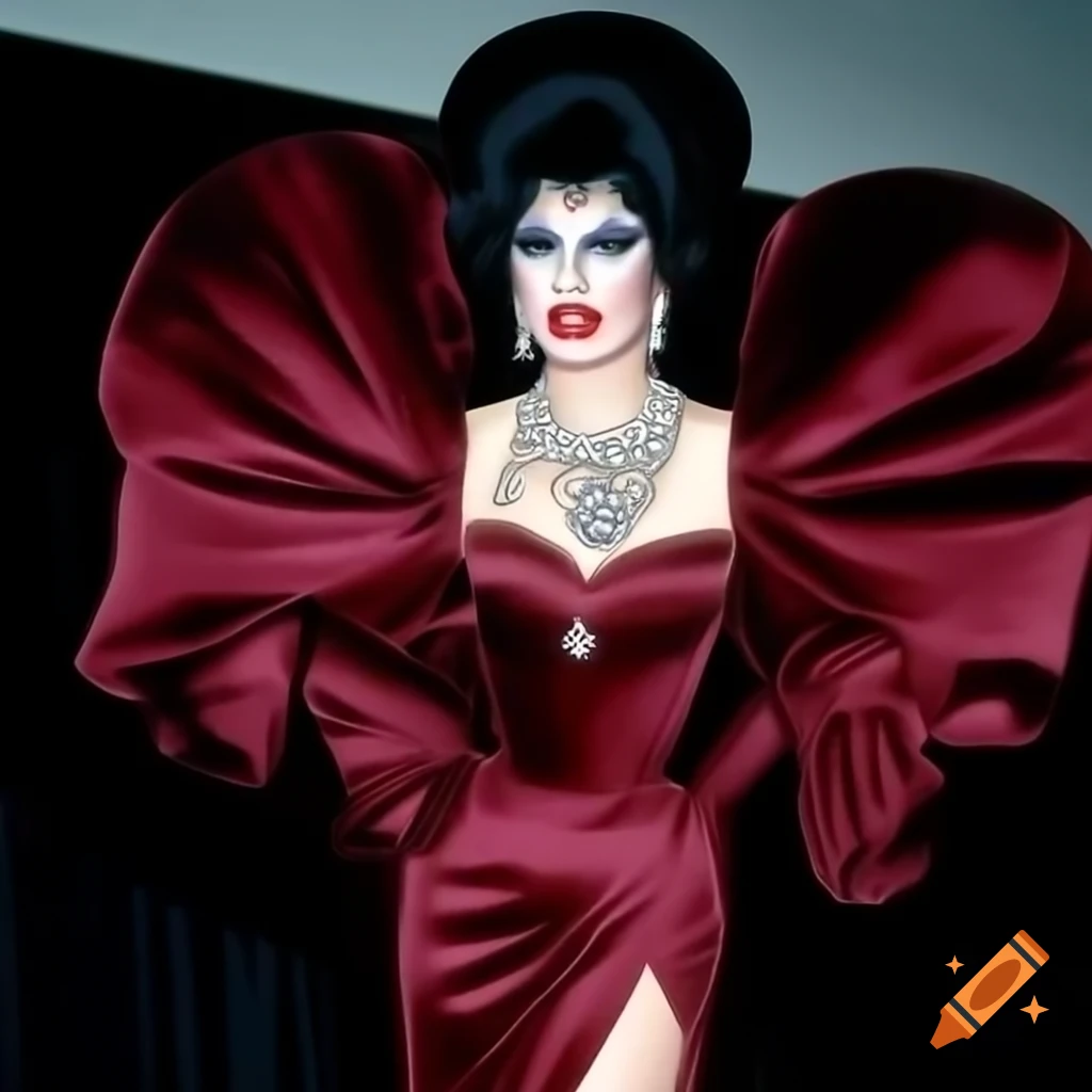 Velma Von Vixen in old Hollywood glamour with deep burgundy satin gown