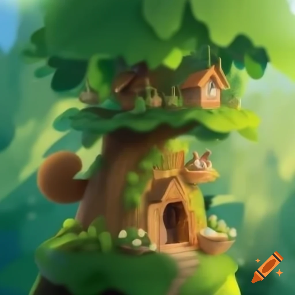 Whimsical tree house surrounded by greenery with squirrels having afternoon tea