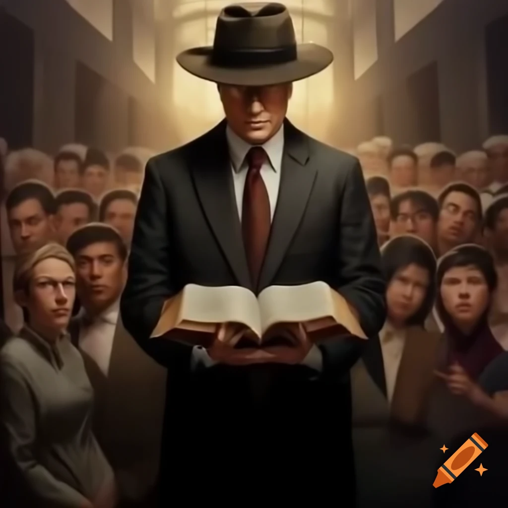 Tall man in suit and hat holding a bible in 1600's Salem with hunched bystanders