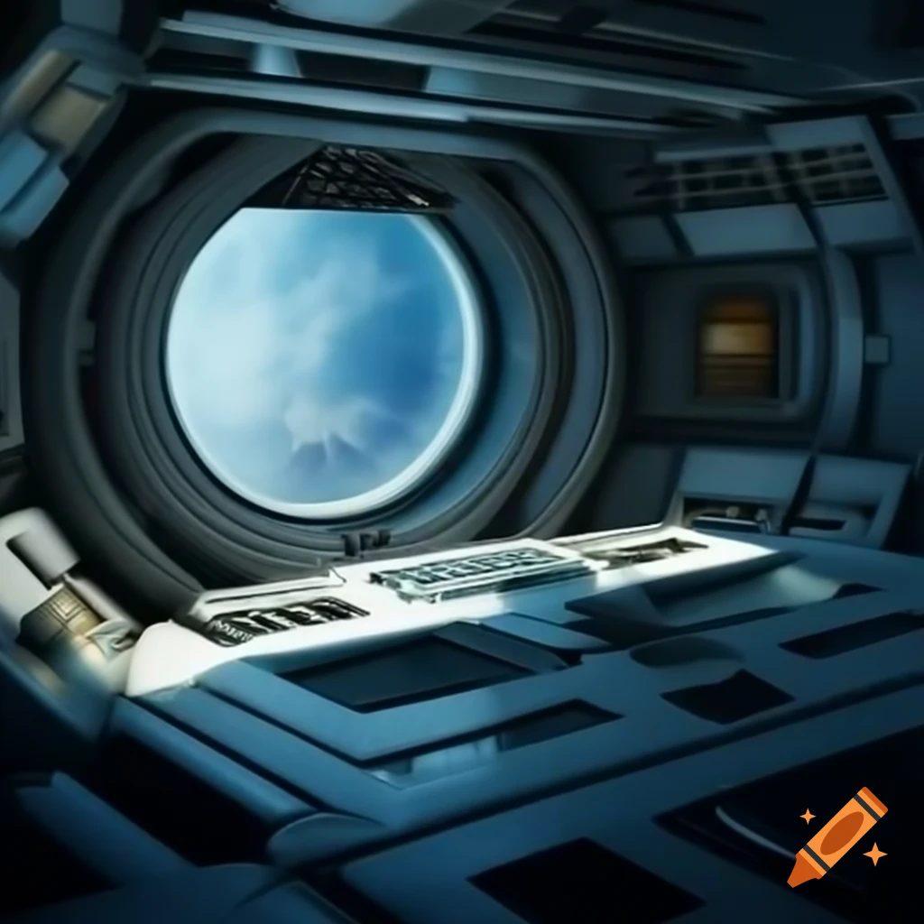 Interior of spaceship with large window viewing the universe on craiyon