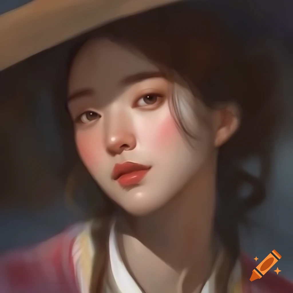 Detailed digital portrait of a charming Korean woman in watercolor style