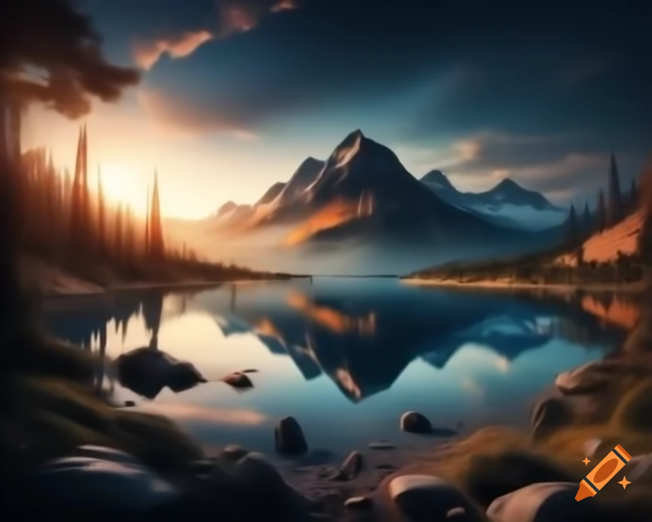 Photorealistic 3D render of mountain lake at sunset with sun rays and island