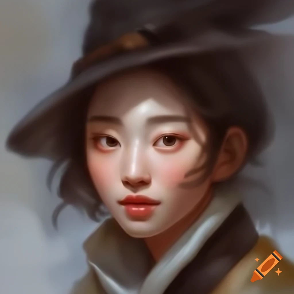 Detailed digital portrait of a charming Korean woman in watercolor style