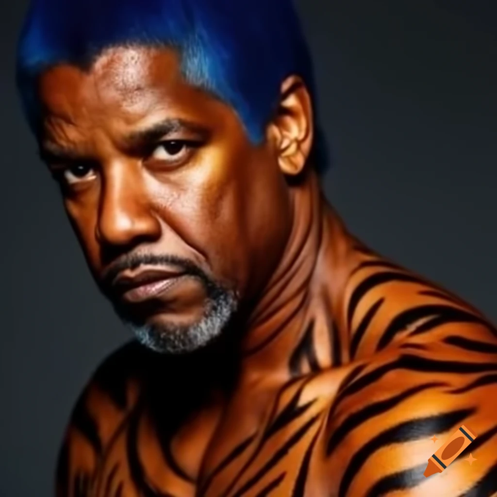 Muscular character with tiger-style makeup featuring blue hair and orange skin