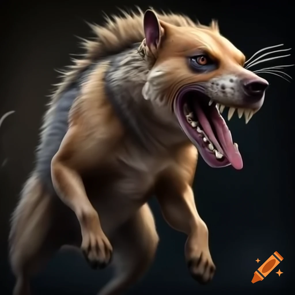 Photorealistic image of a man humorously fleeing from an aggressive dog