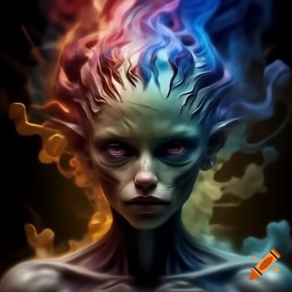 Androgynous humanoid figure made of chaotic multicolored energy