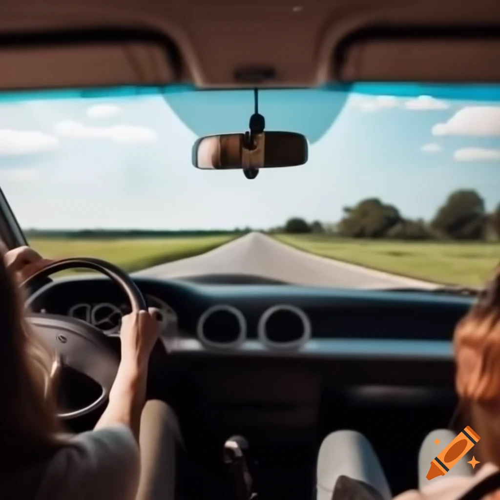 Car driving on country road with Clara and Emily, showing changing landscapes and radio dial