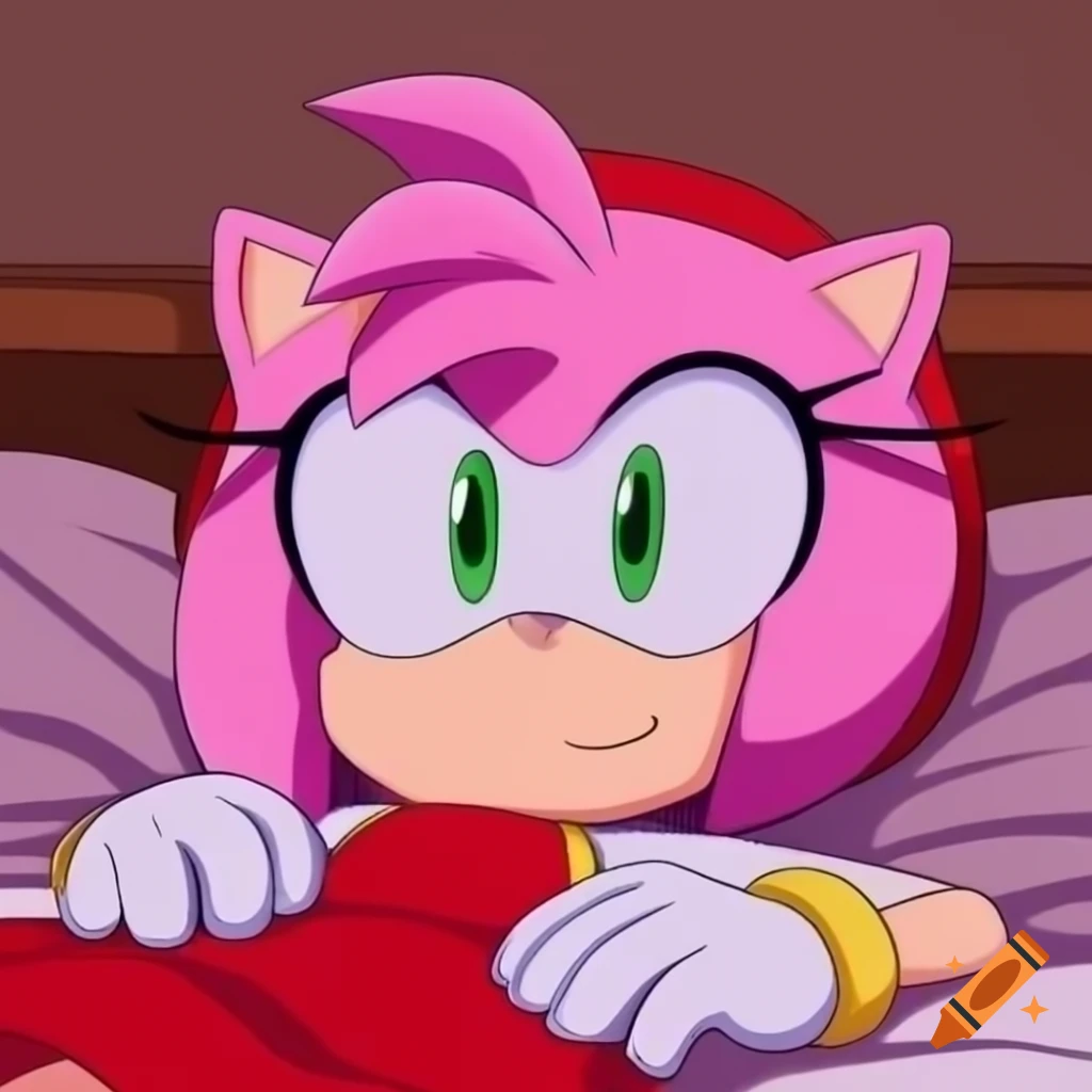 Anime character Amy Rose hugging a pillow on her bed