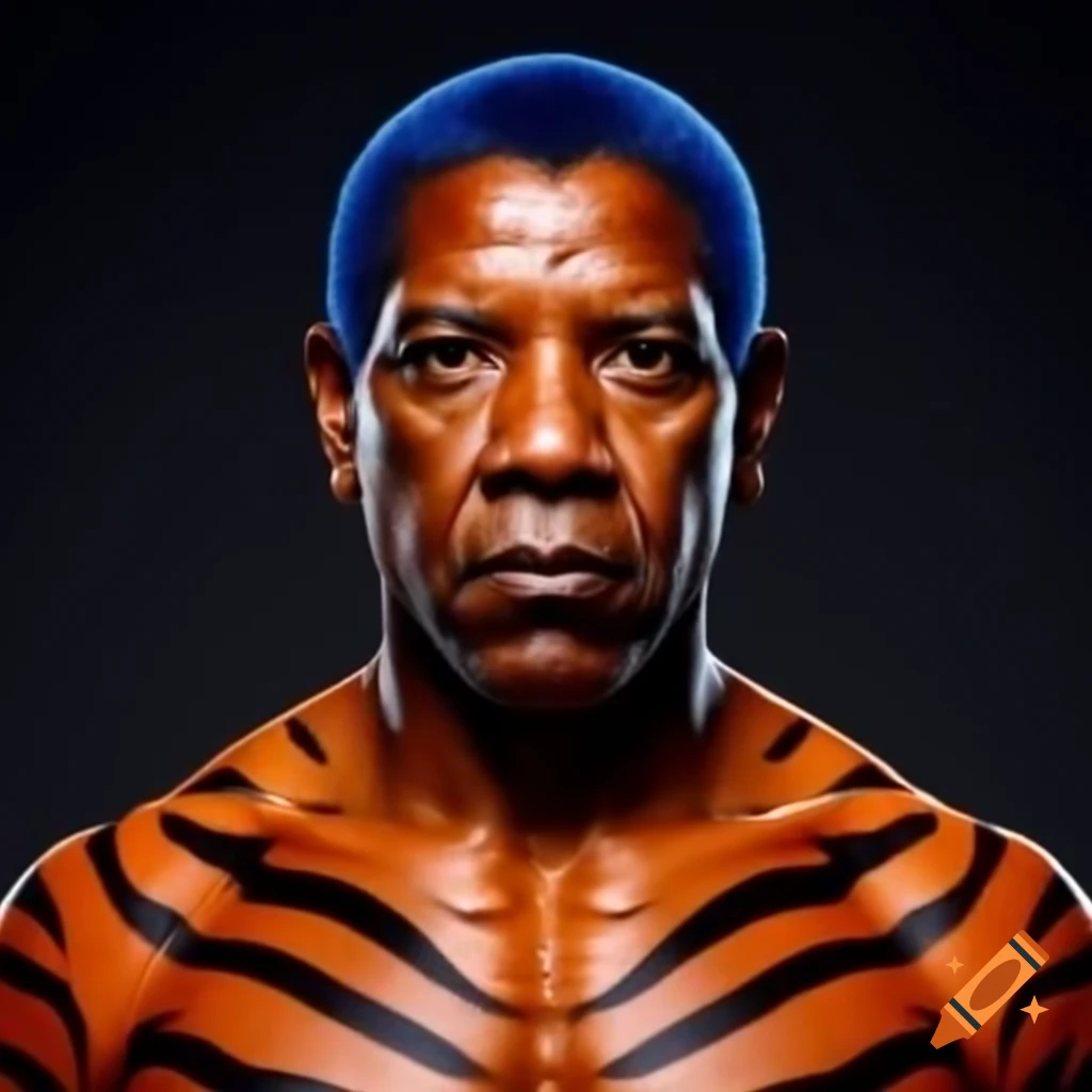 Muscular person with tiger-style makeup, blue hair, and striped skin