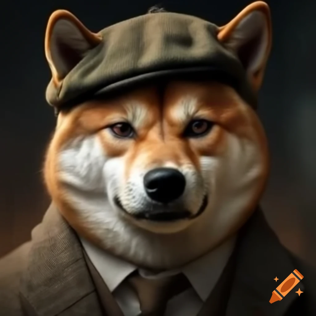 Angry Shiba Inu resembling a wolf, wearing tweed hat and clothes
