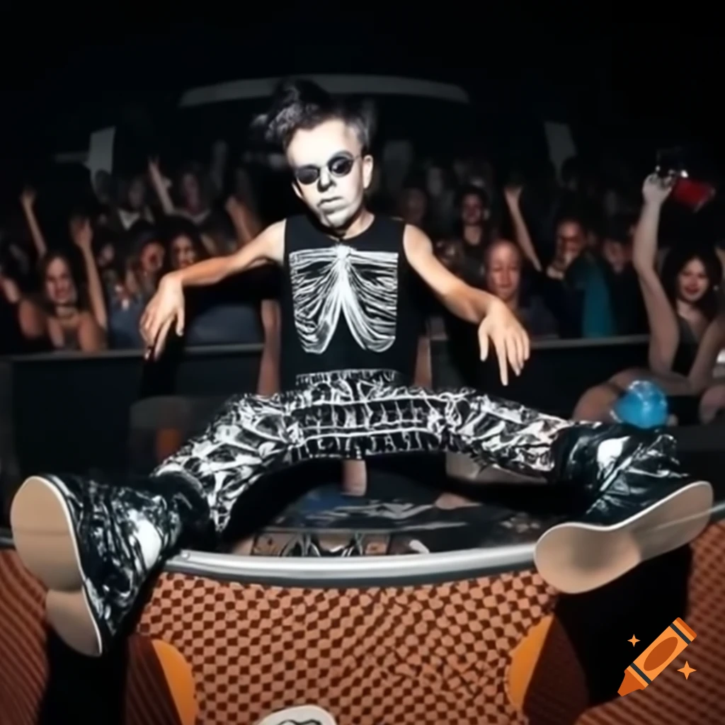 Skull-faced punk rock kid skanking in mosh pit at ska music concert