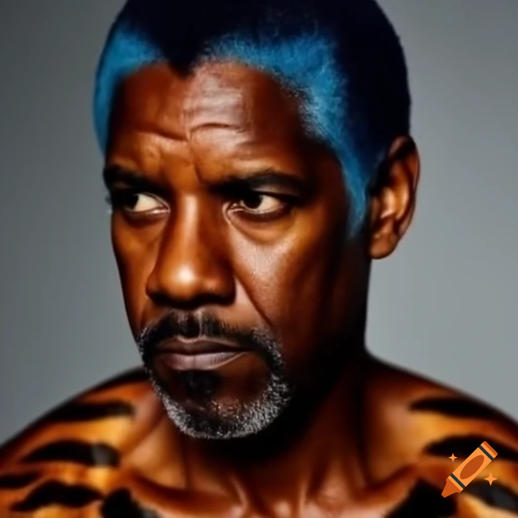 Muscular man with tiger-style makeup featuring blue hair and black stripes