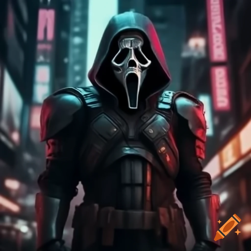 GhostFace neon armor in a vibrant cyberpunk city
