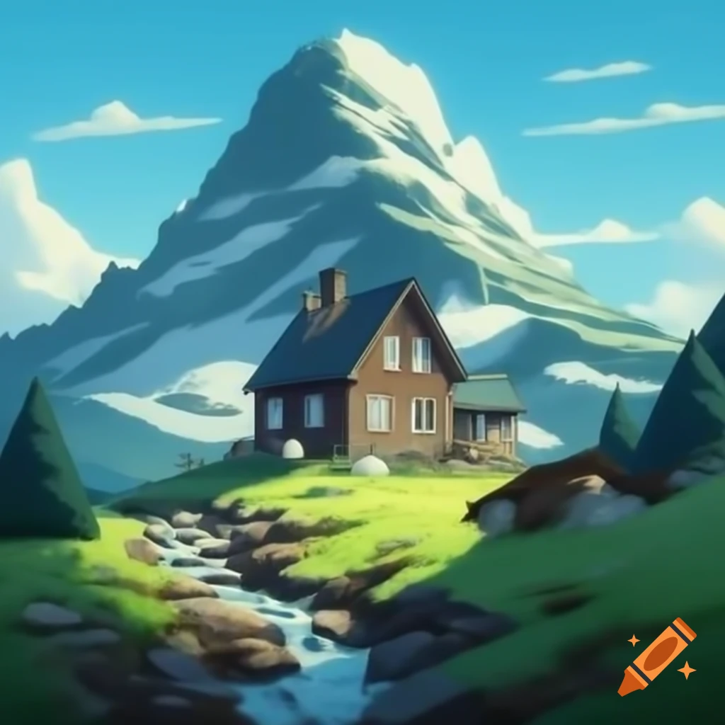 2-story wooden house on mountain with small stream in front