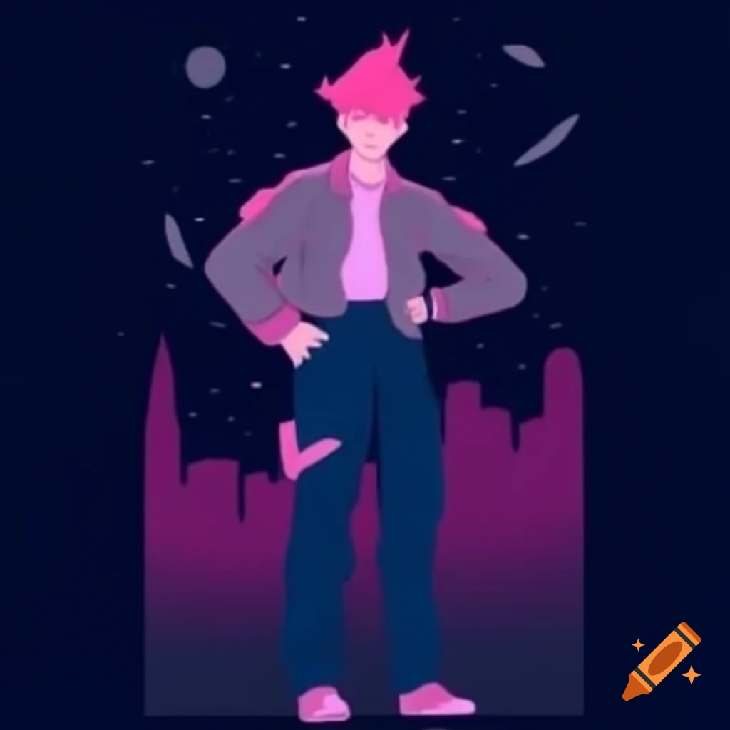 Young man with bright pink-purple hair in dynamic style against night city backdrop