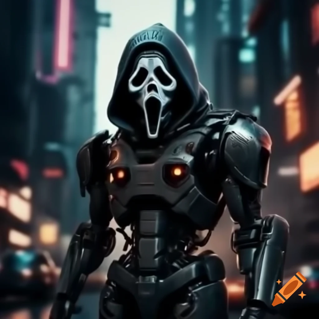 GhostFace robot armor in a vibrant cyberpunk cityscape