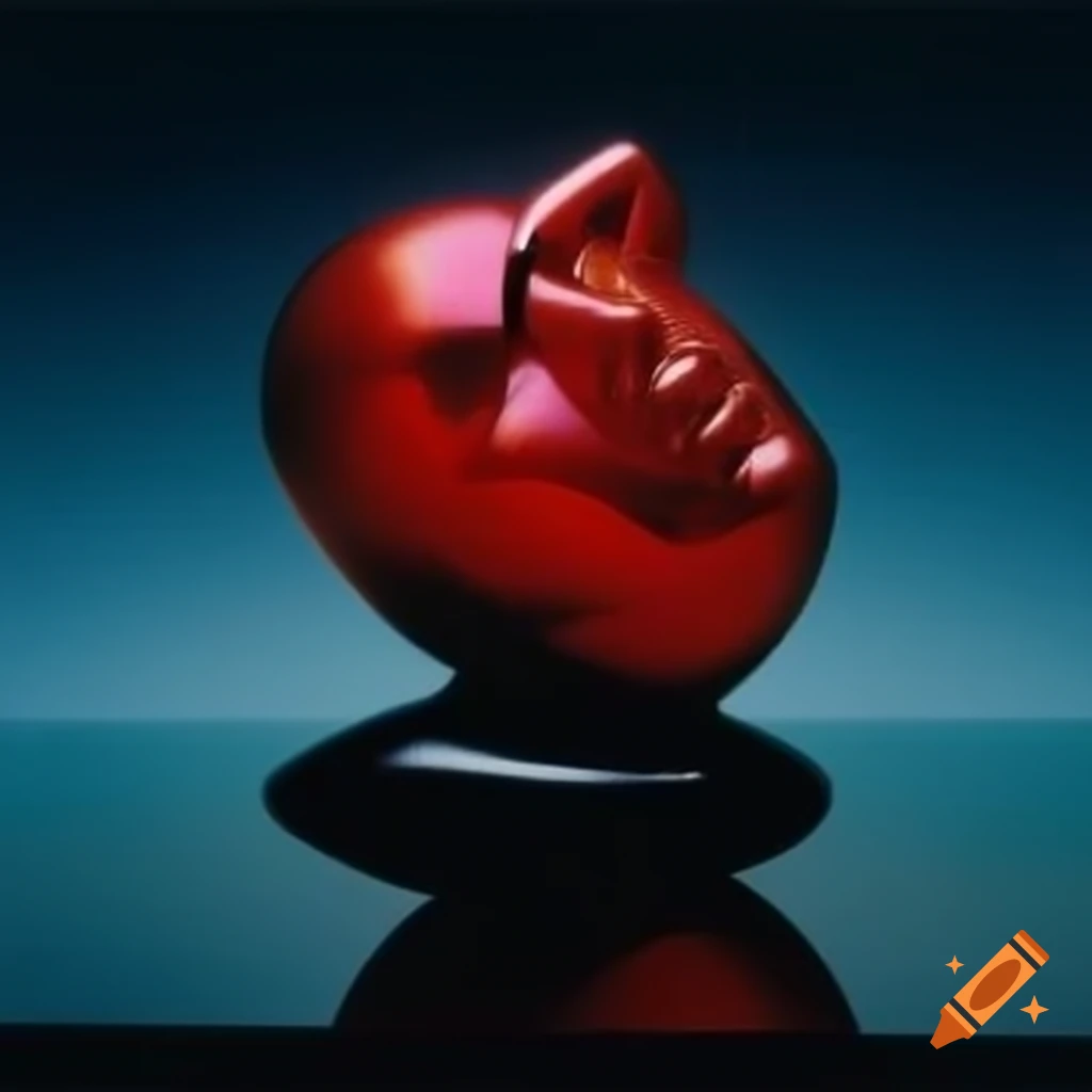 Pop surreal photography featuring iridescent red glass statue
