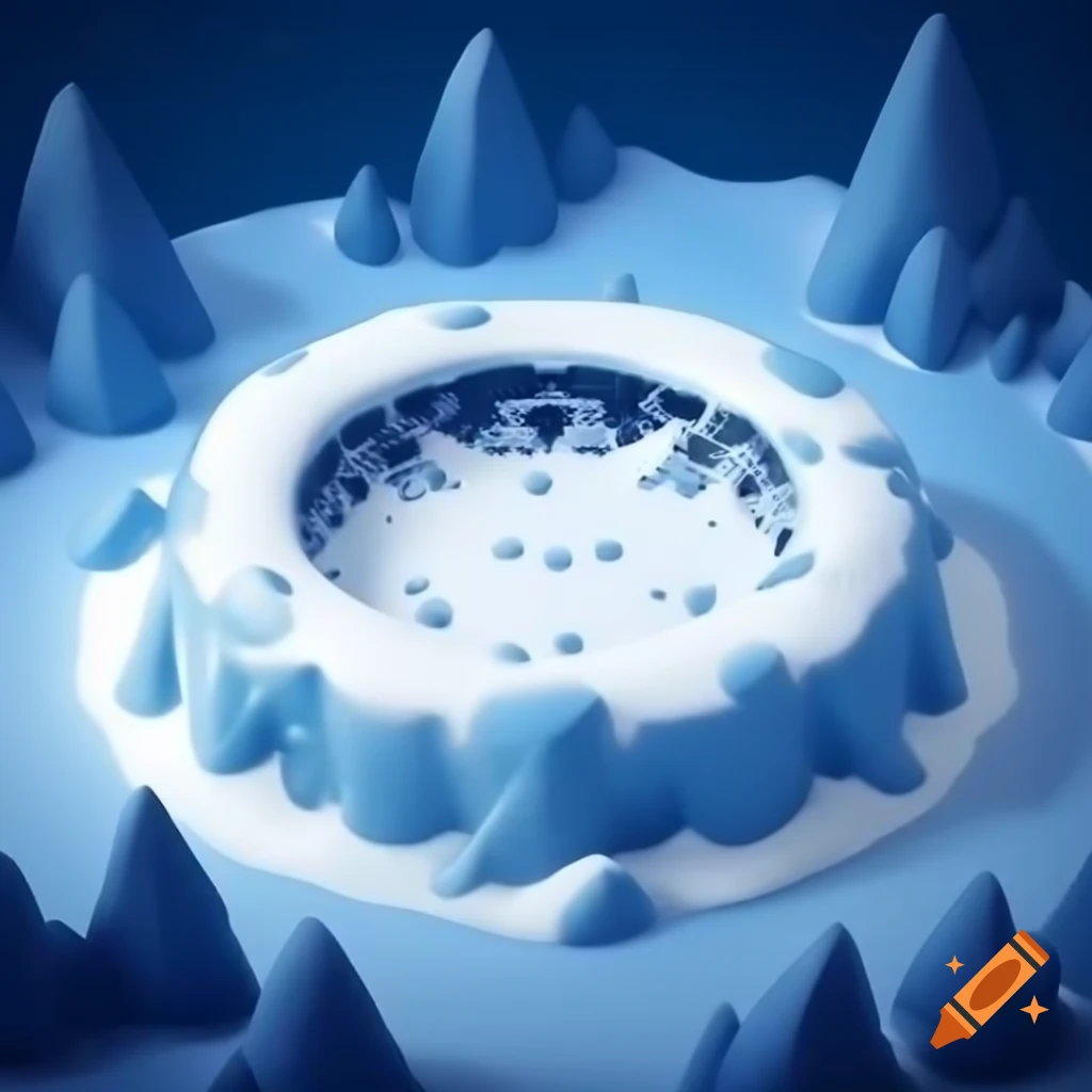 3D game circular arena on flat ice and snow with snowy surroundings