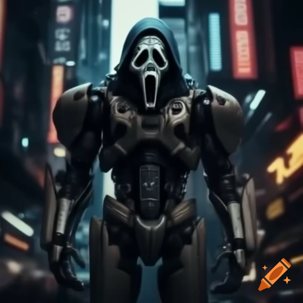 GhostFace robot armor in a vibrant cyberpunk cityscape