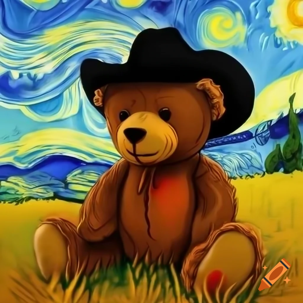 Teddy bear in cowboy hat with sunset over rolling green hills, Van Gogh style