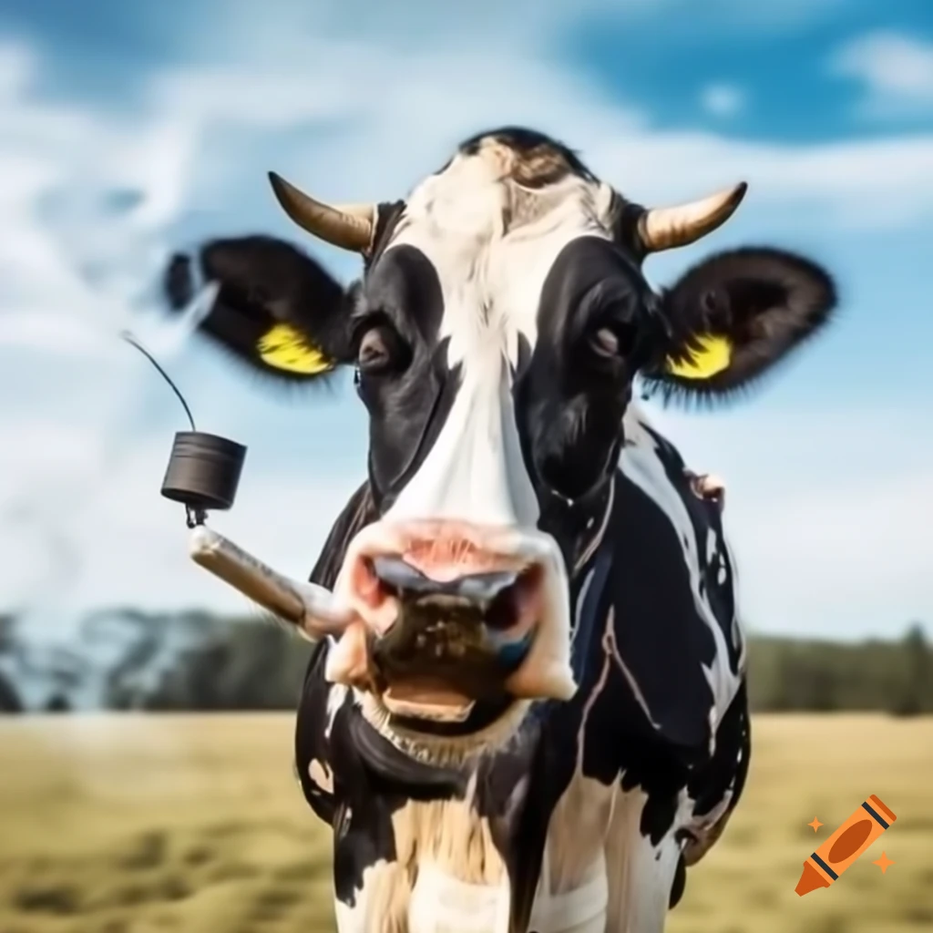 Cow with pipe in mouth